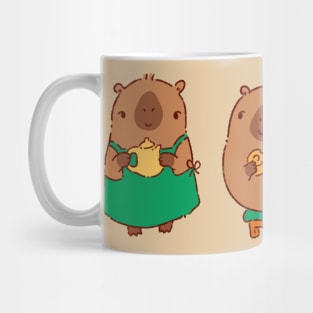 Capybaras in a cafe drinking coffee and eating Mug